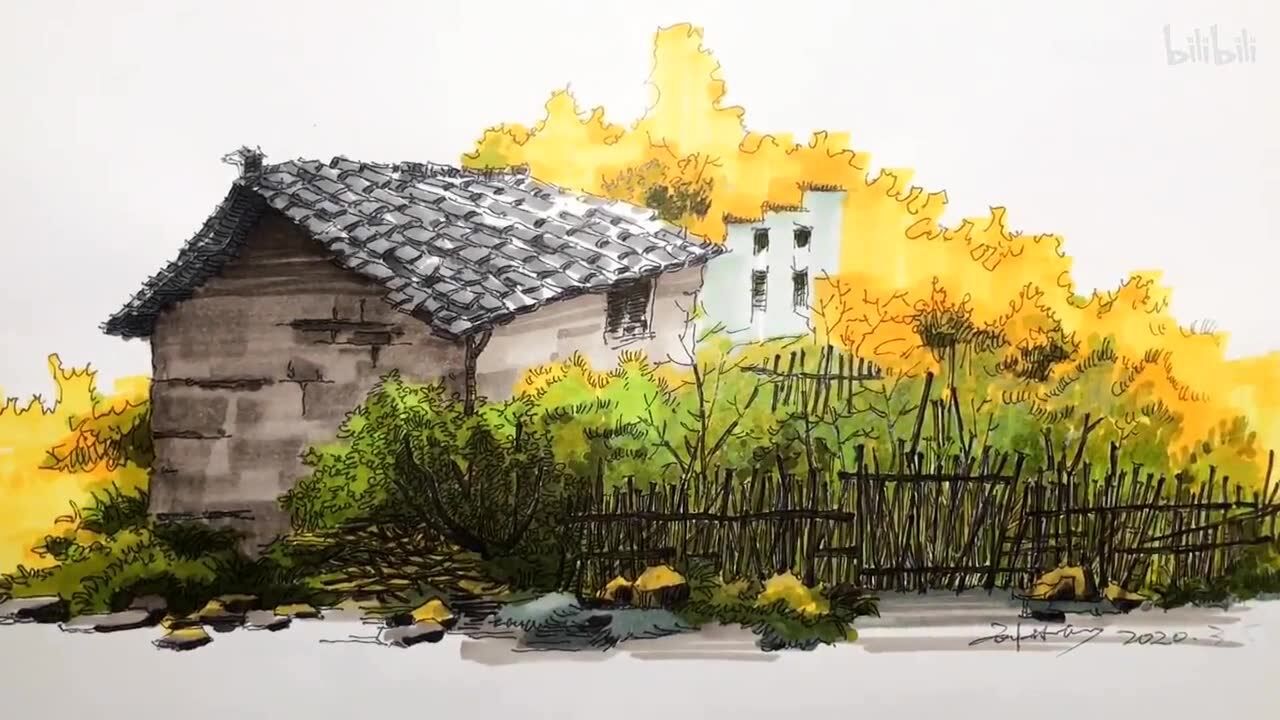 石家庄九方美术分享农家小院风景速写展示马克笔上色绘画全过程值得