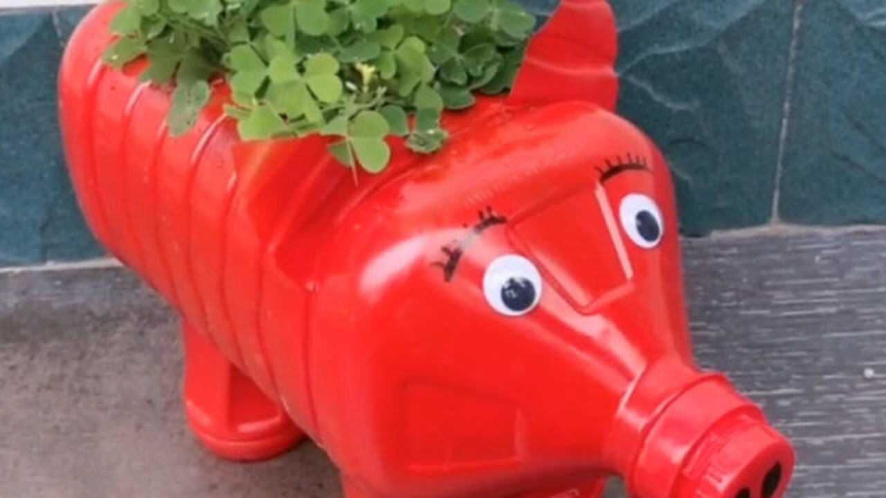 矿泉水瓶和空油桶的结合做个小猪花盆婆婆都惊呆了