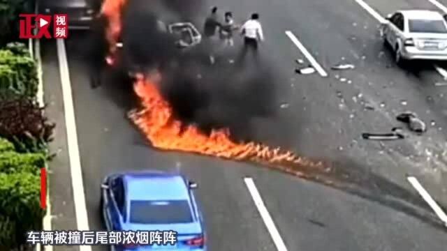 生死瞬间!京沪高速三车连撞!轿车旋转180度后起火