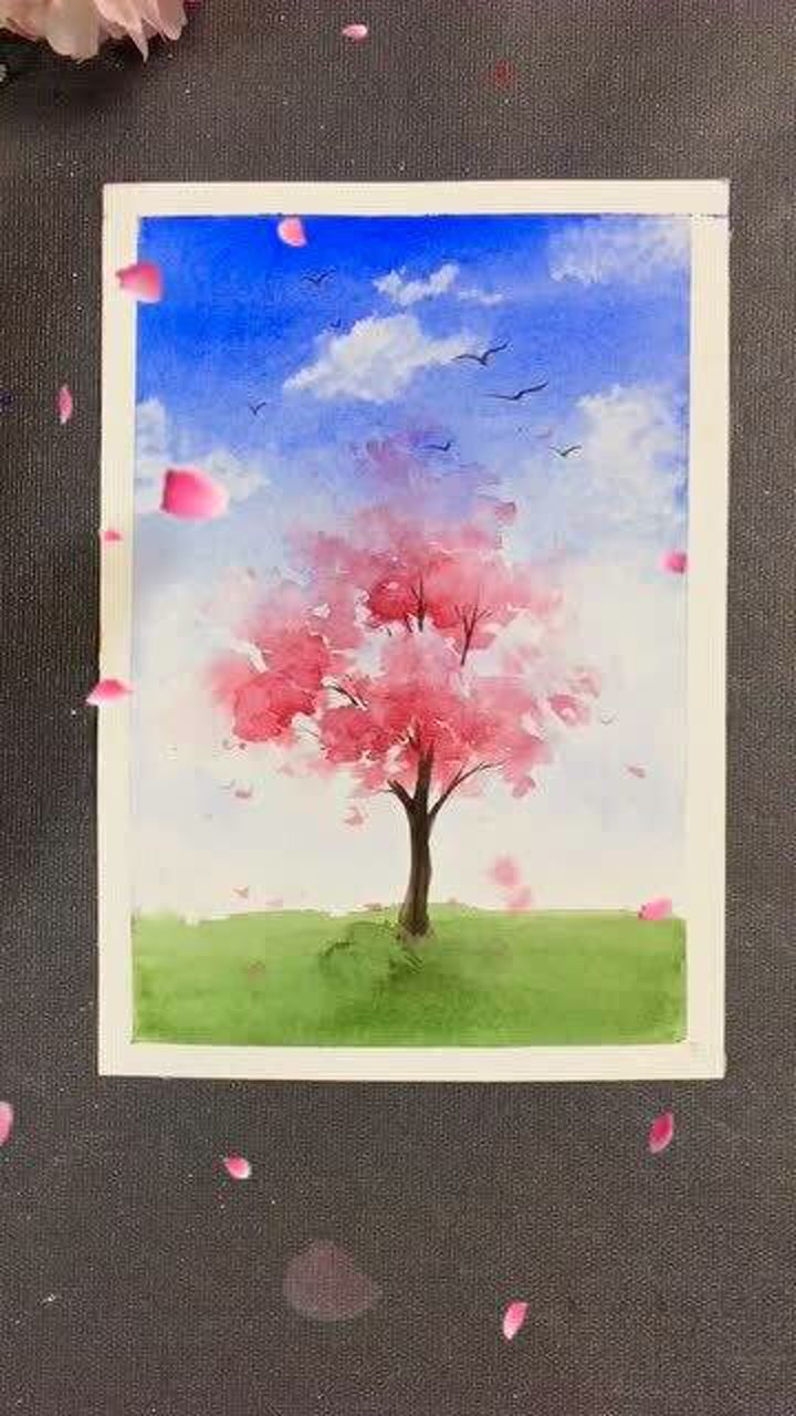 水彩画樱花树,这样画简单易学又好看