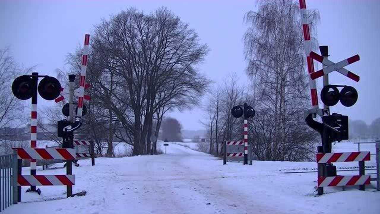 雪天下的荷兰的铁路交叉口