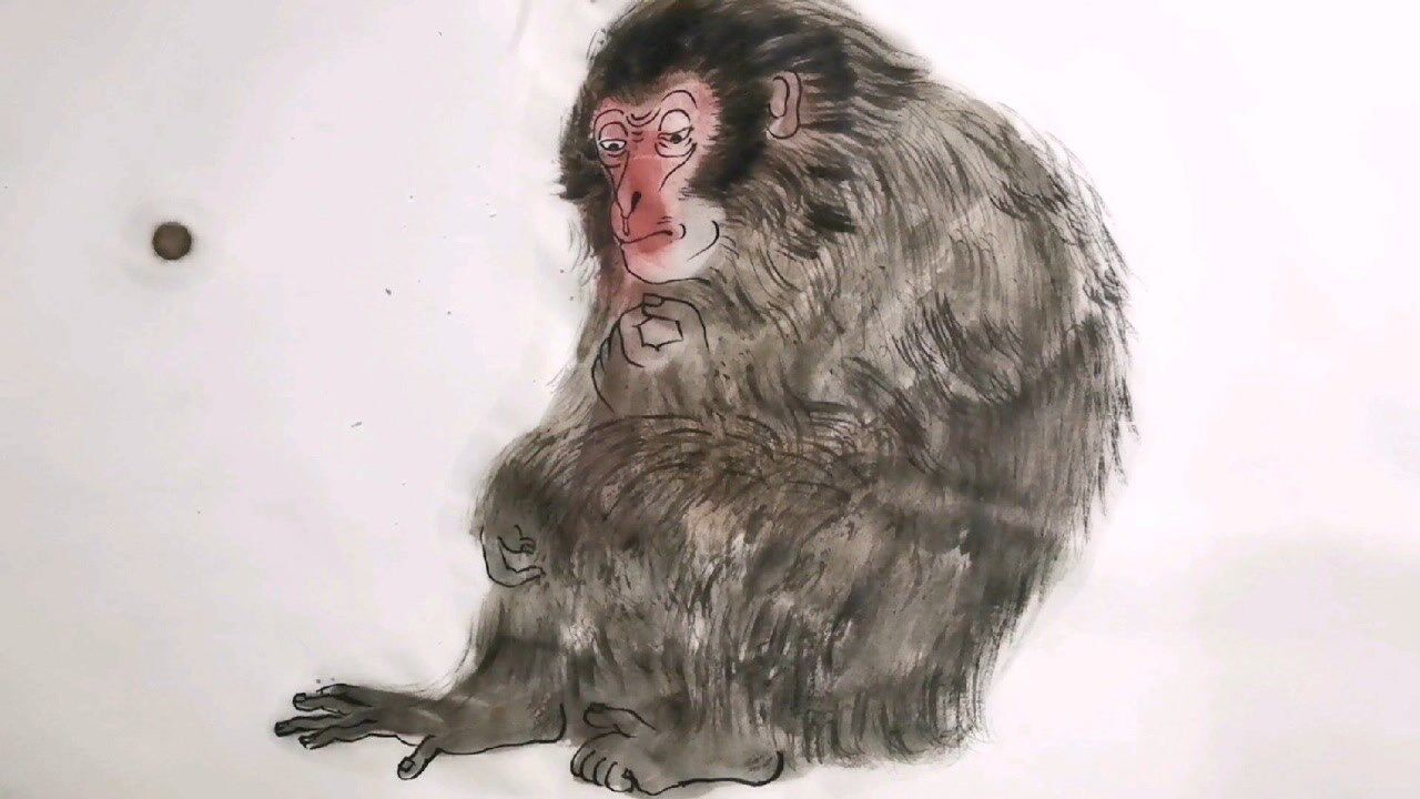 用开叉的毛笔画猴子,别有一番风味