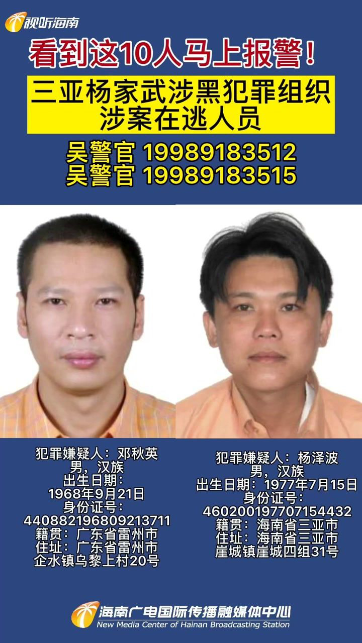 看到这10人马上报警!三亚杨家武涉黑犯罪组织涉案在逃人员.