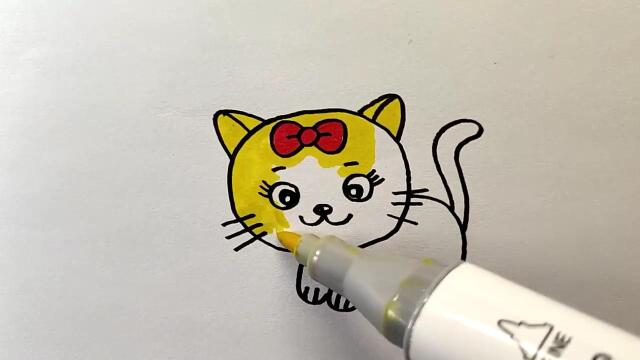 简笔画:带着蝴蝶结的小花猫