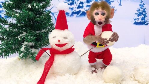 小猴子堆了一个雪人，然后和小狗一起打雪仗！