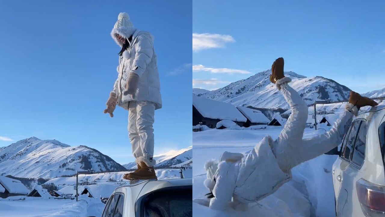 女子本想记录跳雪唯美场面,不料脚滑摔个倒栽葱:用腿比个耶