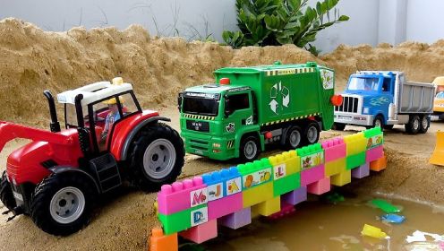 大卡车，挖机，推土机工程车合作建大桥