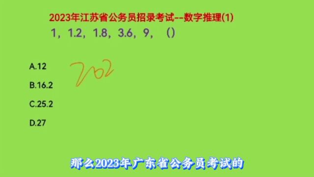 2023年江苏省公务员考试,1,1.2,1.8,3.6,9,下一个数是什么