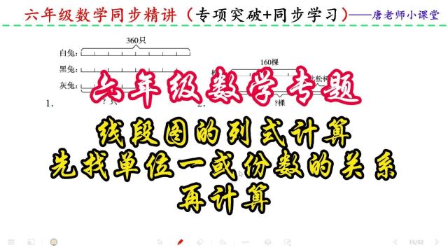 六年级数学线段图的列式计算,先找单位一或份数的关系,再计算