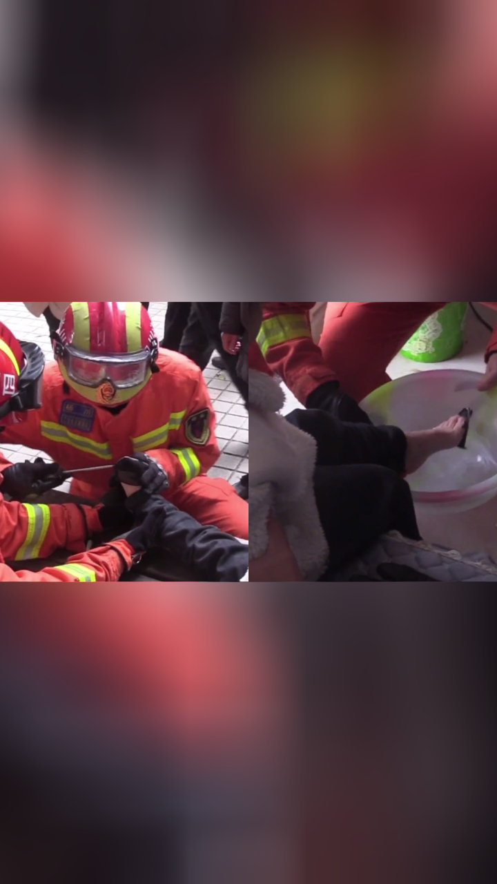 女孩试穿高跟鞋脚被粘住,无奈求助消防员,收获暖心"洗脚"服务