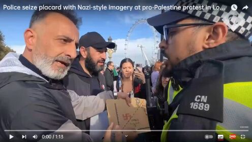 【实拍】巴勒斯坦示威现场！出现“以色列纳粹式种族灭绝”标语牌，警方介入