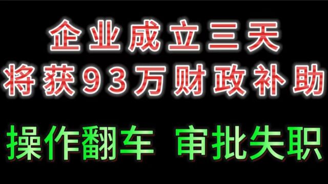 企业成立三天,将获93万财政补助;操作翻车,审批失职!