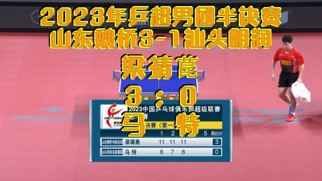 2023年乒超男团半决赛山东魏桥31汕头明润:梁靖菎30马特