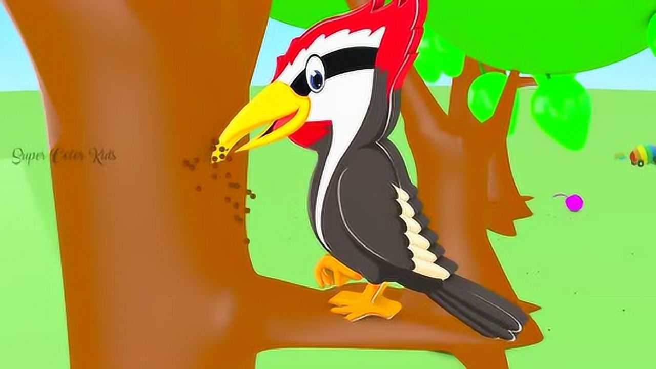 益智早教啄木鸟在水果上树上捉虫子3d动画短片
