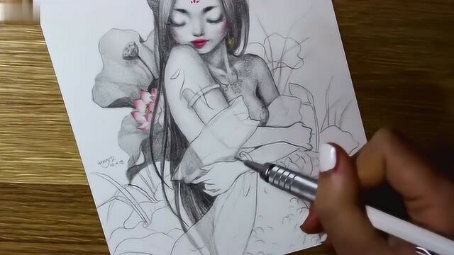 荷花仙子的绘画,美女手下的神作!