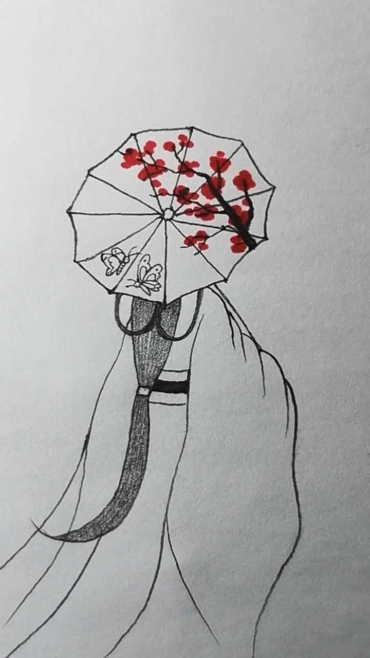简画拿着伞的古风背影!