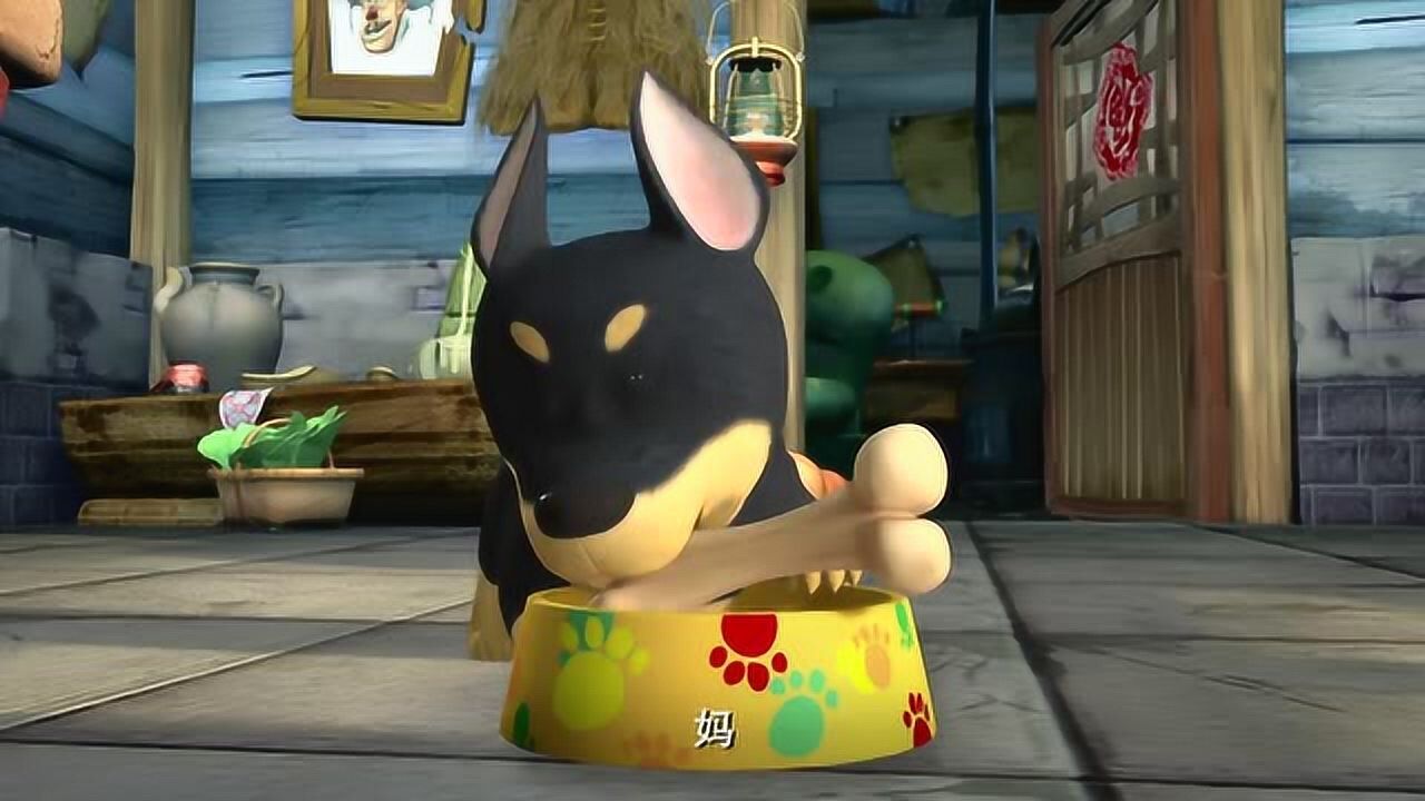 熊出没之夺宝熊兵:肥波不开心了,大黑用自己的饭盘吃饭!