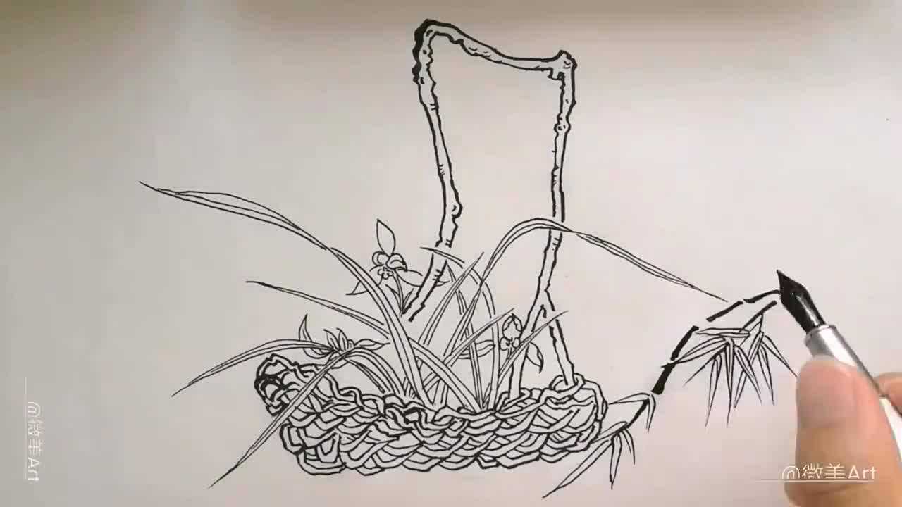 钢笔画临摹线描花篮