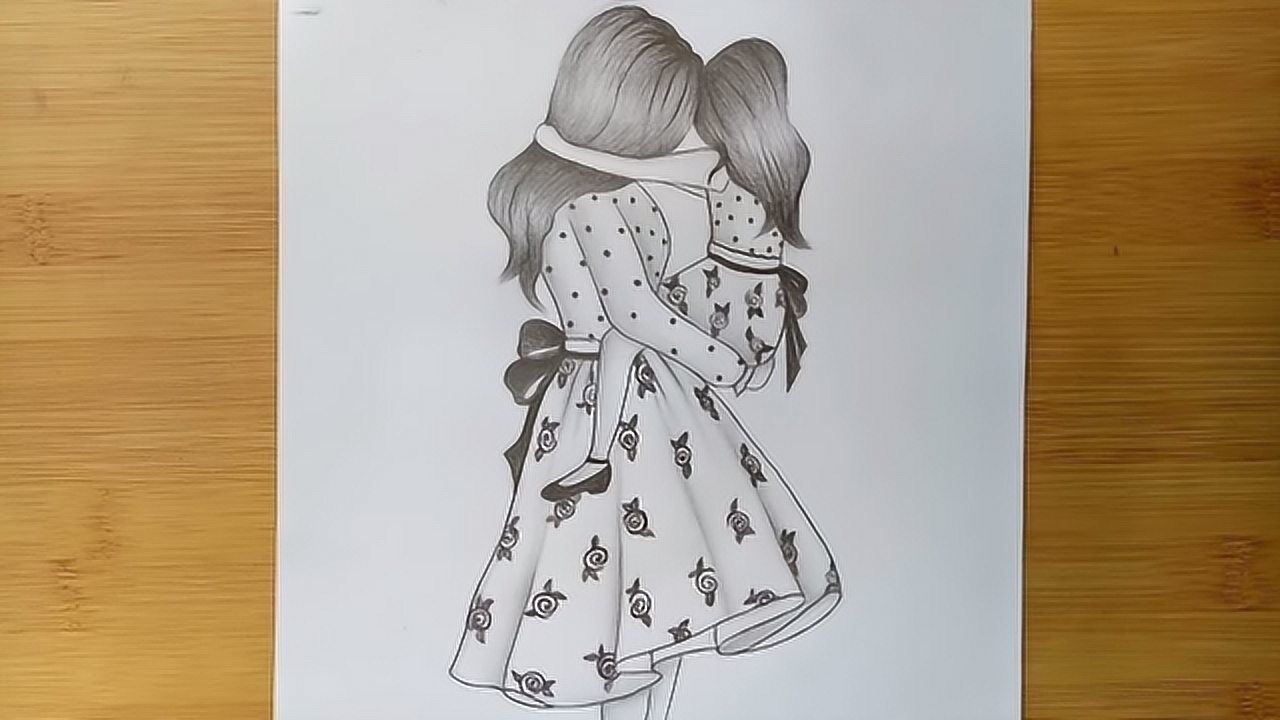 铅笔素描画画温馨的母子背影