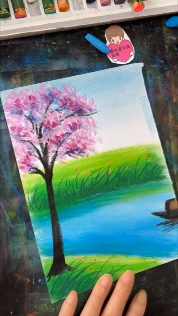 用蜡笔2分钟画一幅山水画手残党一看就会格调满满