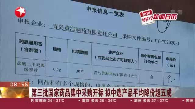 第三批国家药品集中采购开标 拟中选产品平均降价超五成