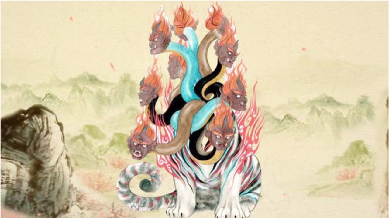 《山海经》中9个头的开明兽,汉魏清时代画像各不同,最多13个头_腾讯视
