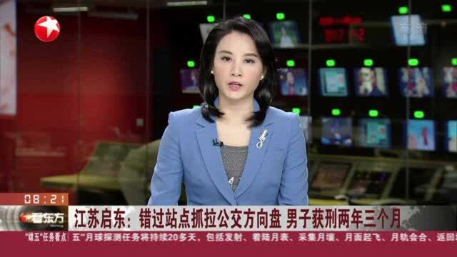 江苏启东:错过站点抓拉公交方向盘 男子获刑两年三个月