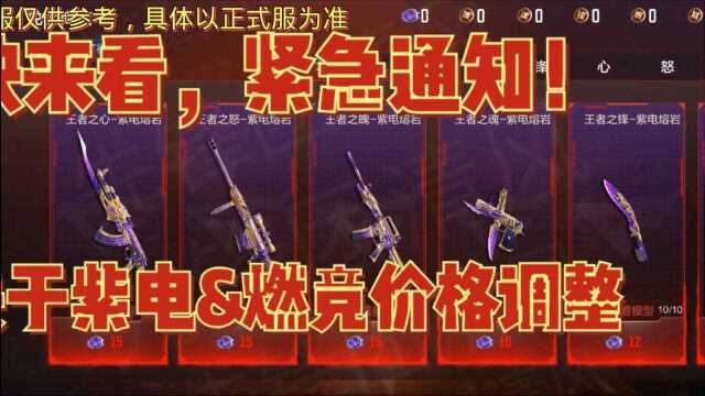 紧急通知!紫电系列价格下调,王者武器也有下调,王心雷涨价烟闪下调,其余不变.