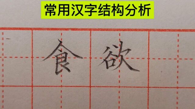 硬笔楷书,常用汉字“食”、“欲”两字书写规则讲解!一起来学习