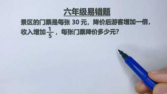 六年级:门票每张30,降价后游客增加1倍,收入增加1/5,降价几元