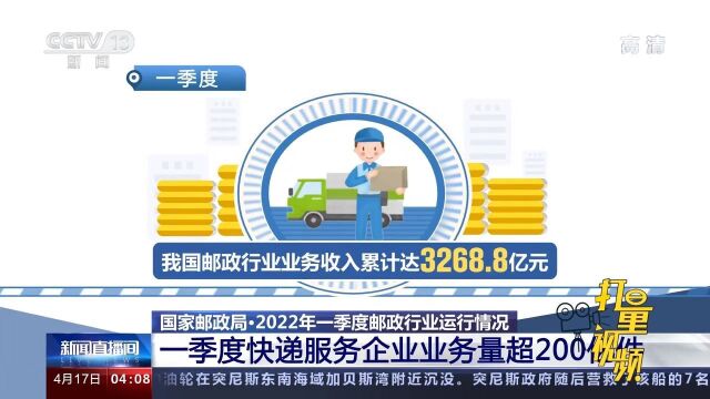 一季度我国邮政行业业务收入累计达3268.8亿元,同比增长10.0%