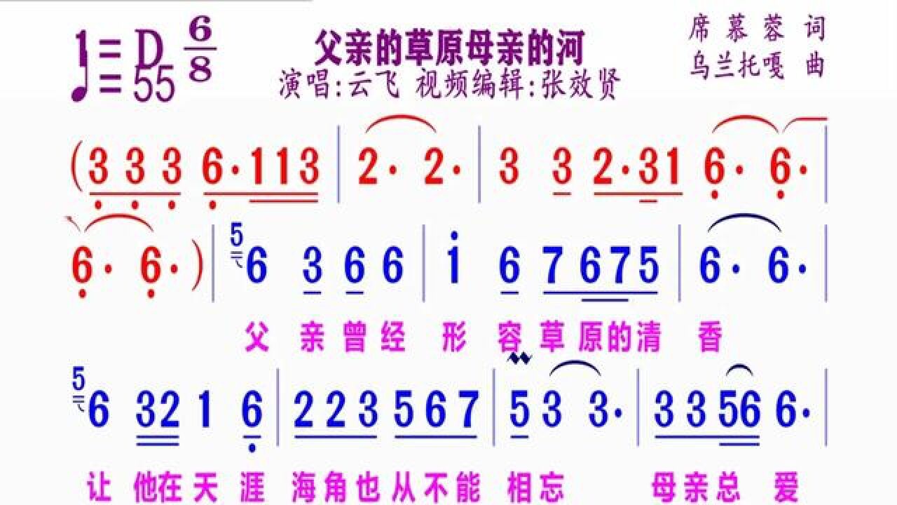 云飞演唱的《父亲的草原母亲的河》动态简谱#简谱视唱