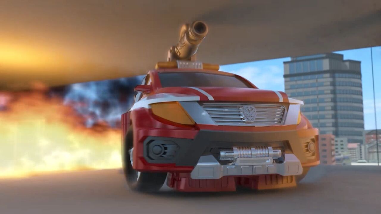 大楼发生火灾,咖宝车神火警王车手一会变消防车灭火,一会化成机器人