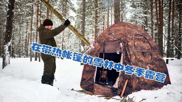 在带热帐篷的雪林中冬季露营