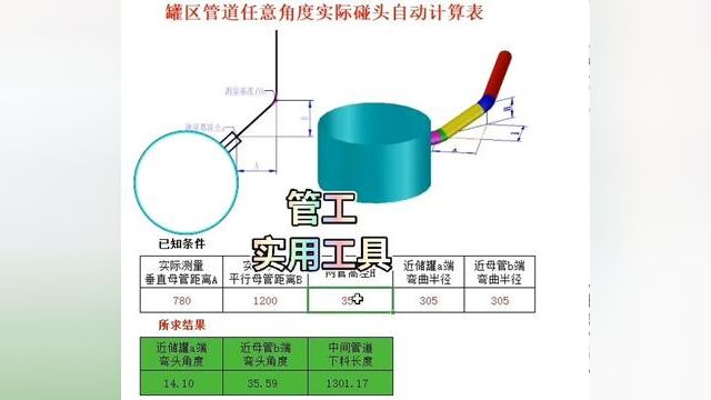 管工,一个自动计算表格,解决了罐区管道的拐弯碰头问题,视频左下角,是我录制的管工考试疑难单线图识图教程,动态讲解