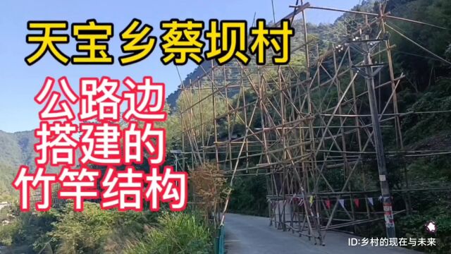 实拍湖北省十堰市竹溪县天宝乡蔡坝村公路边搭建的竹竿结构