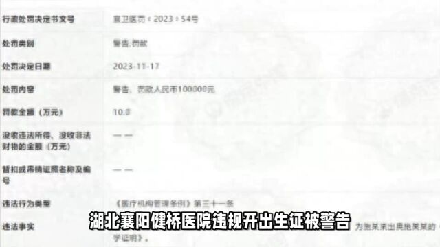 湖北襄阳健桥医院违规开出生证被警告,并罚款10万元,此前该院7人被采取刑事强制措施