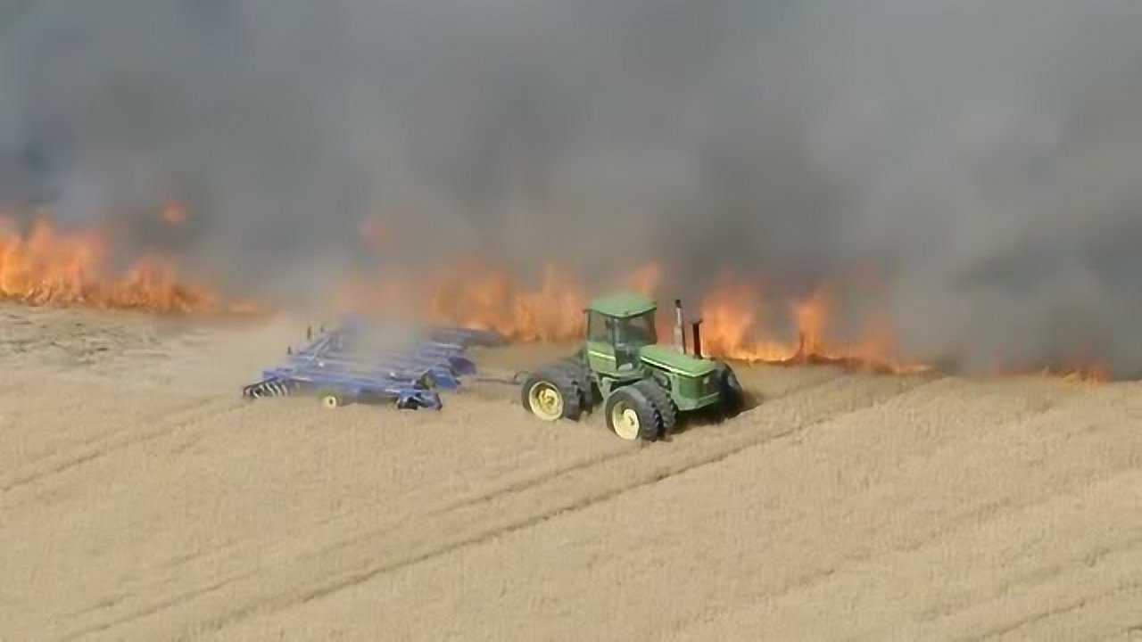 国外农场麦田着火,农场主用巨型拖拉机犁地,隔断火源