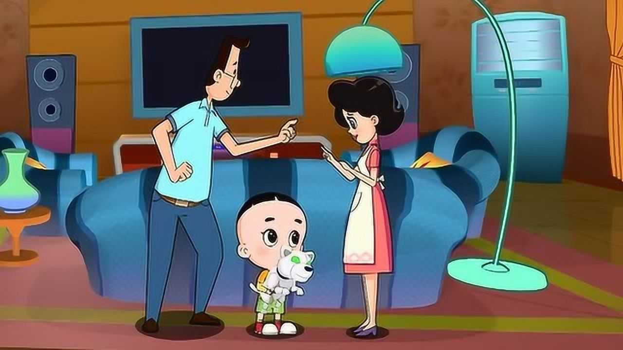 大头儿子的机器狗发疯咬到围裙妈妈的手指追着小头爸爸不放