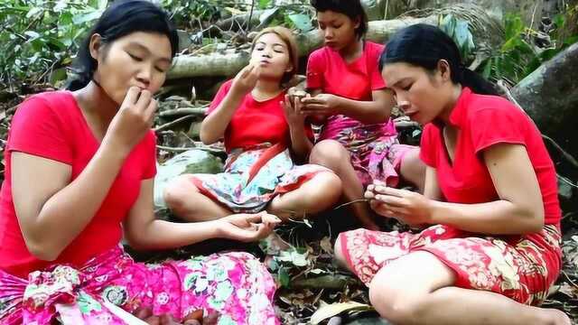 柬埔寨四姐妹野外赤脚觅食,熟透的铁树果吃的津津有味