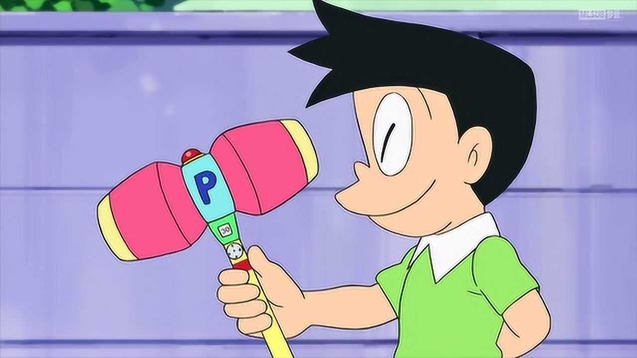 哆啦a梦小夫拿着立体拼图锤在街上乱敲把小镇的建筑弄得一团乱