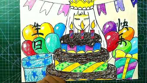 油画棒范画生日快乐主题绘画教程