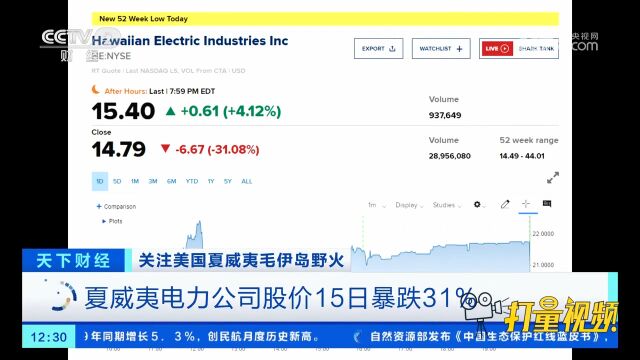 跌至2009年来新低!夏威夷电力公司股价15日暴跌31%