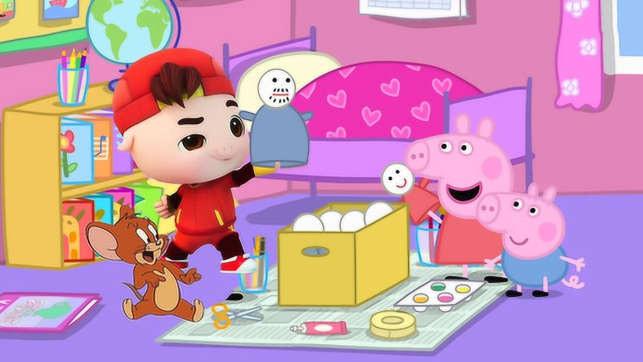 猪猪侠教小猪佩奇和乔治做玩偶,乔治做了一个猫和老鼠杰瑞玩偶