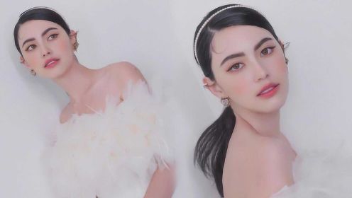 泰国第一美人Mai新造型曝光，白色抹胸羽毛裙，清爽又仙气