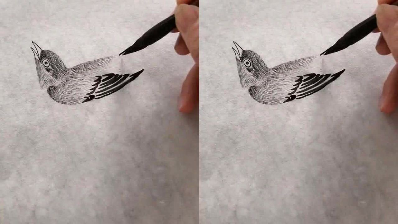 一支毛笔画出栩栩如生的小鸟这幅花鸟图真是太好看了爱了