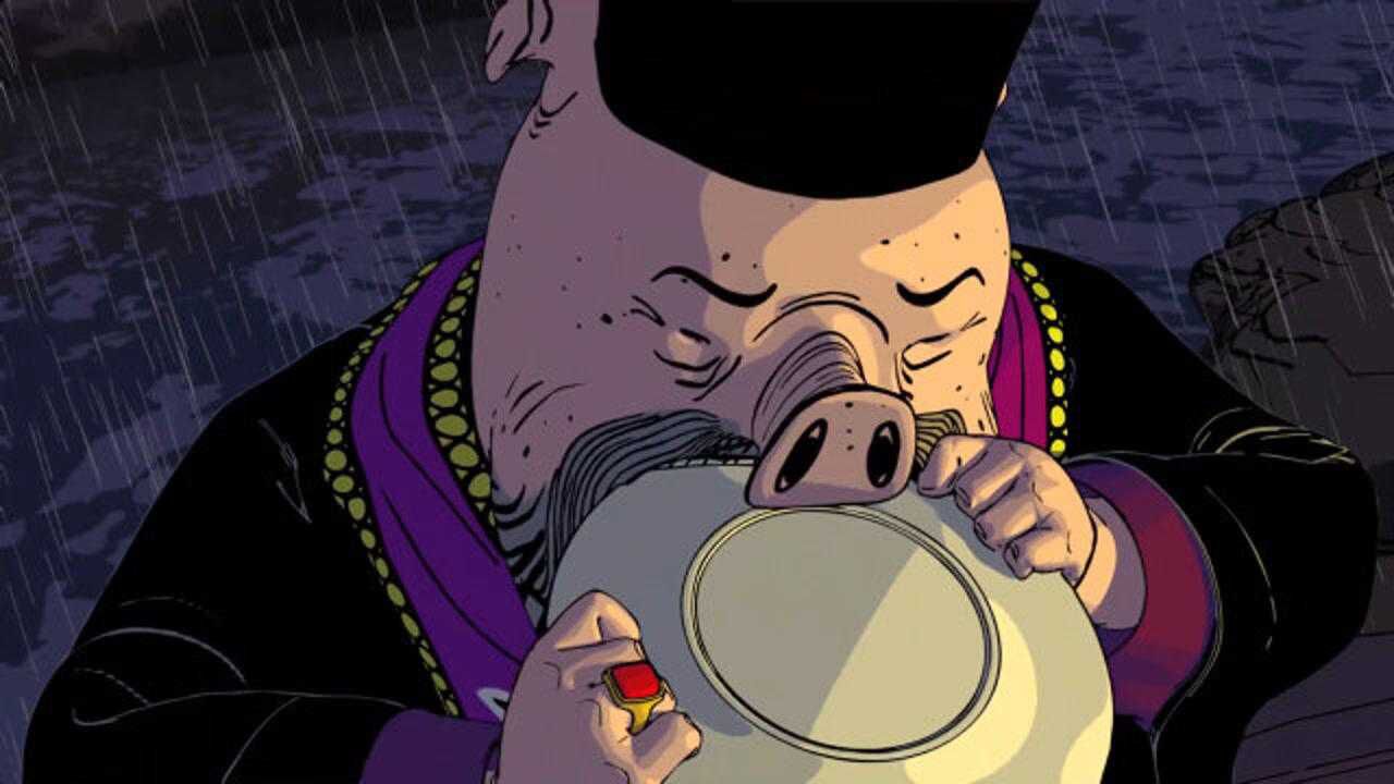 奥斯卡提名动画一群猪头人不停止的吃东西直到成为老虎口中食