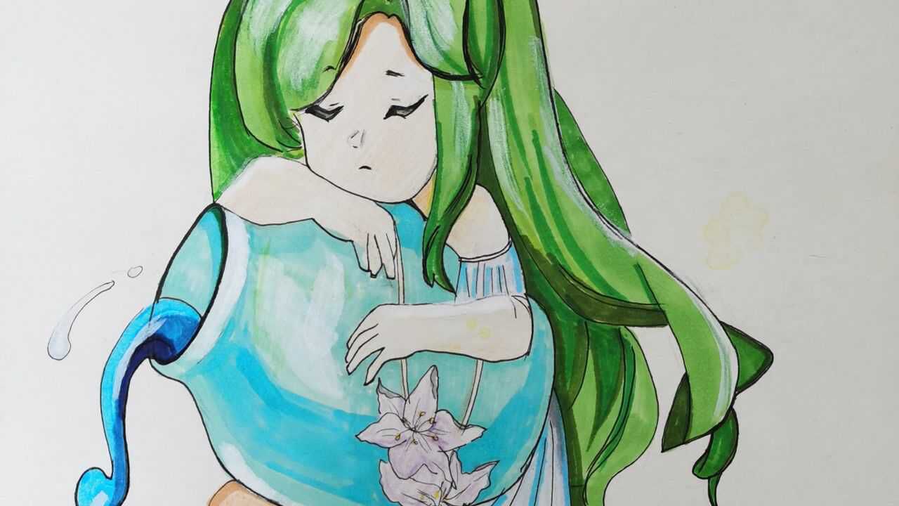 手绘, 抱着瓶子的少女