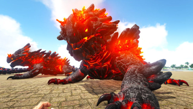 方舟生存进化水晶岛45喝岩浆长大的恐龙岩浆怪