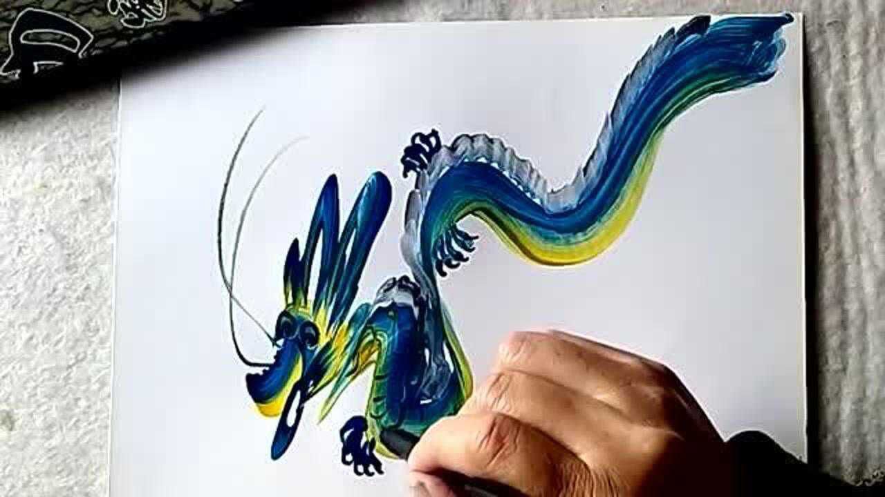 一笔画青龙技法示范,乐赏王力宏歌曲龙的传人